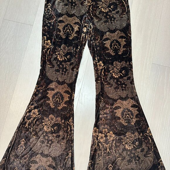 Free People Brown Velvet Flares Stretchy Boho 70s Maximal Festival Pattern Sz S - Picture 2 of 8